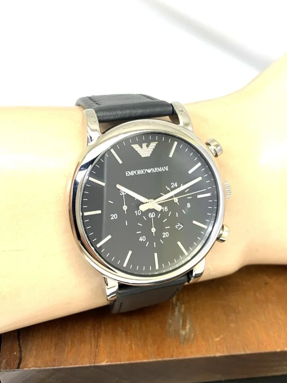 Emporio Armani Men's Watch AR1828 Quartz Chronograph Black Dial Leather Strap
